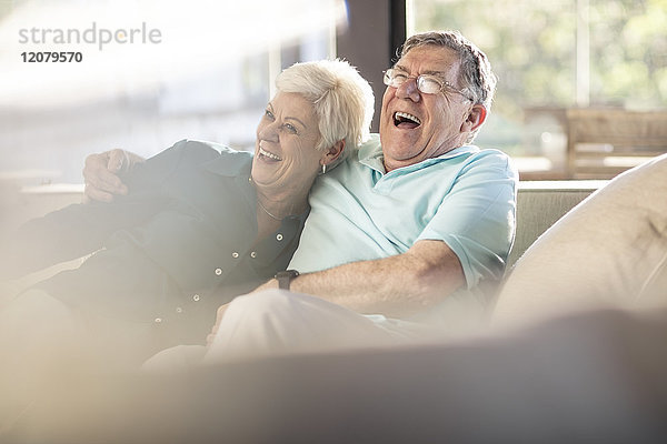 Glückliches Seniorenpaar auf der Couch zu Hause