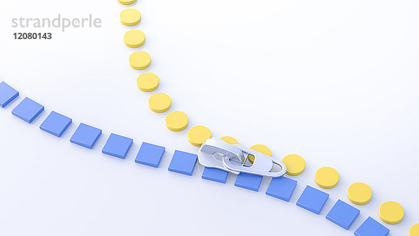 3D-Illustration  Reißverschluss  gelbe Kreise und blaue Quadrate