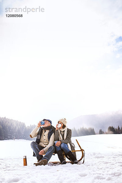 Rückansicht eines älteren Paares  das nebeneinander auf einem Schlitten in einer verschneiten Landschaft sitzt und heiße Getränke trinkt.