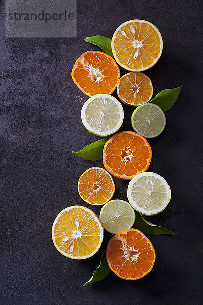 Halbierte Zitronen  Limetten  Mandarinen und Orangen