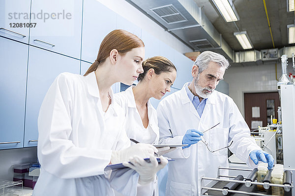 Drei Wissenschaftler im Labor untersuchen Proben