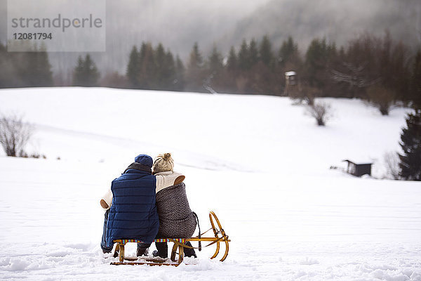 Rückansicht des Seniorenpaares nebeneinander auf dem Schlitten in verschneiter Landschaft
