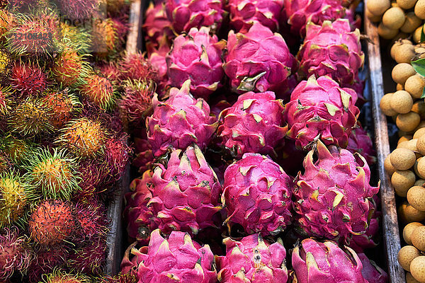Drachenfrüchte am Obst- und Gemüsestand  Phuket  Thailand  Asien