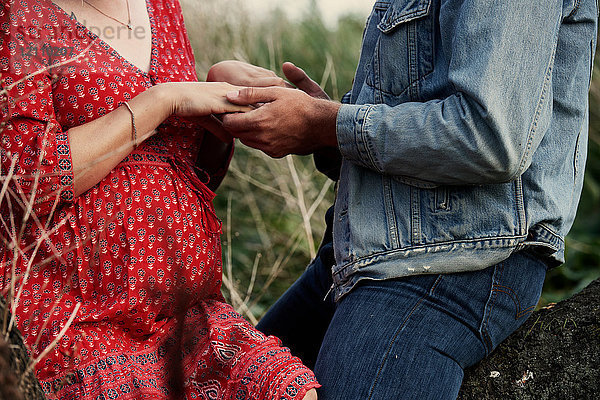 Mittelteil eines romantischen  schwangeren Paares im mittleren Erwachsenenalter  das Händchen hält