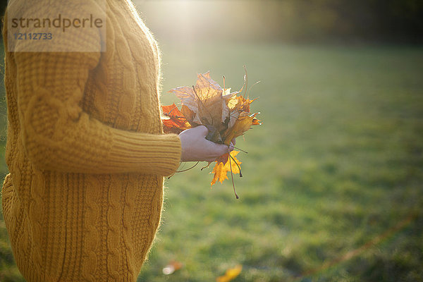 Schrägansicht einer Frau  die Herbstblätter hält
