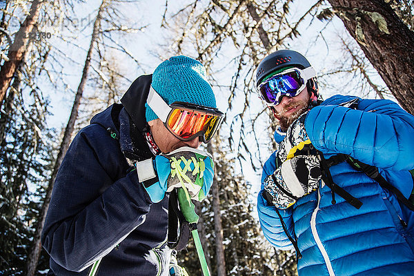 Zwei Skifahrer stehen zusammen  im Freien  niedriger Blickwinkel