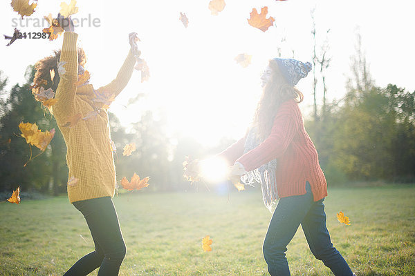 Freunde werfen Herbstblätter in die Luft