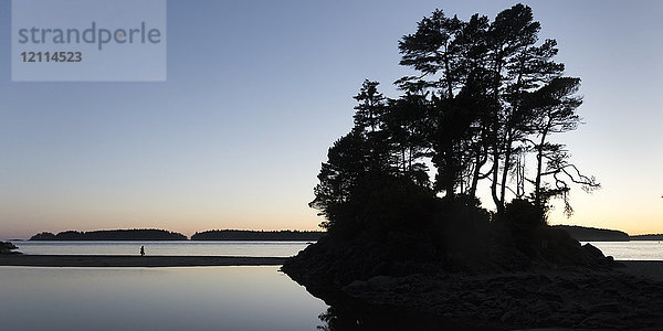 Silhouette von Bäumen und Küstenlinie bei Sonnenuntergang mit einem Spaziergänger am Tonquin Beach  Vancouver Island; Tofino  British Columbia  Kanada