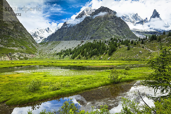 Combal-See und grüne Wiese im Vinschgau mit Bergen im Hintergrund  Alpen; Aosta-Tal  Italien