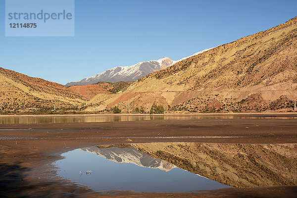Eine schneebedeckte Bergkette spiegelt sich in einem Pool in einem trockenen Wüstensee. Die Szene wird vom warmen Licht des frühen Morgens beleuchtet; Potrerillos  Mendoza  Argentinien