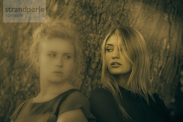 Zwei blondhaarige Mädchen im Teenageralter stehen Rücken an Rücken neben einem Baumstamm und sehen ernst aus  als ob sie sich streiten würden; Connecticut  Vereinigte Staaten von Amerika