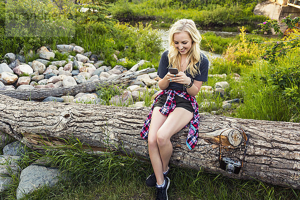 Eine junge Frau sitzt auf einem Baumstamm in einem Park und benutzt ihr Mobiltelefon mit einem Fluss im Hintergrund; Edmonton  Alberta  Kanada