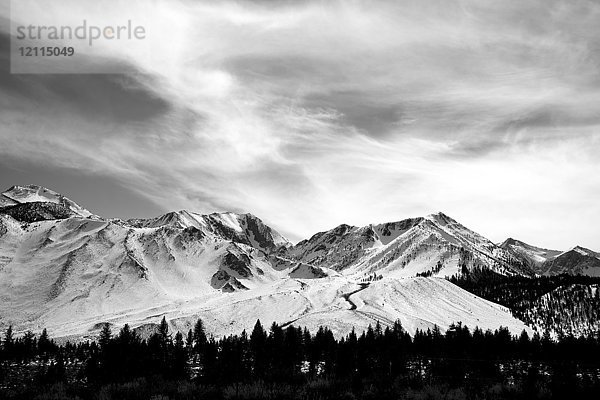 Schwarz-Weiß-Bild einer schneebedeckten Bergkette unter einem bewölkten Himmel mit einem Wald in einem Tal; Mammoth Lakes  Kalifornien  Vereinigte Staaten von Amerika