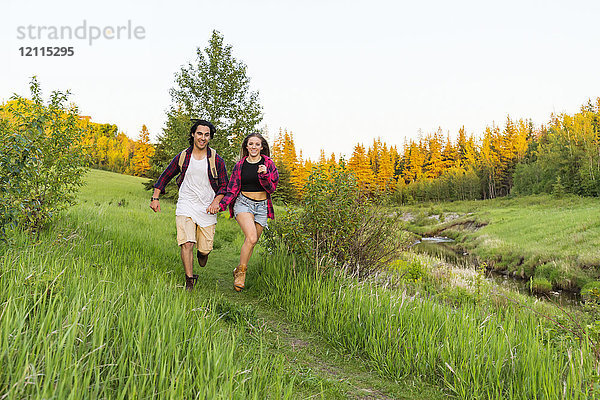 Junges Paar hält sich an den Händen und läuft gemeinsam einen Weg in einem Stadtpark hinunter; Edmonton  Alberta  Kanada