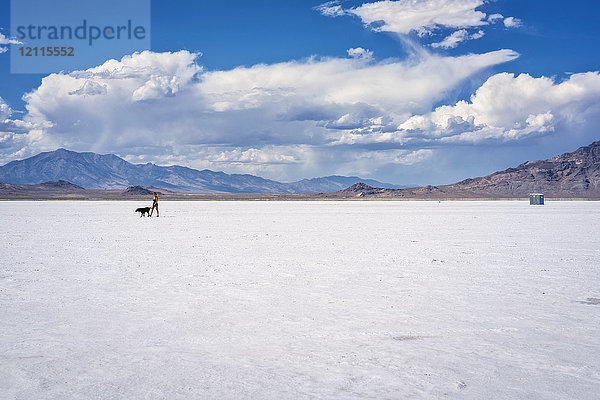 Frau geht mit ihrem Hund in den Bonneville Salt Flats spazieren; Wendover  Utah  Vereinigte Staaten von Amerika
