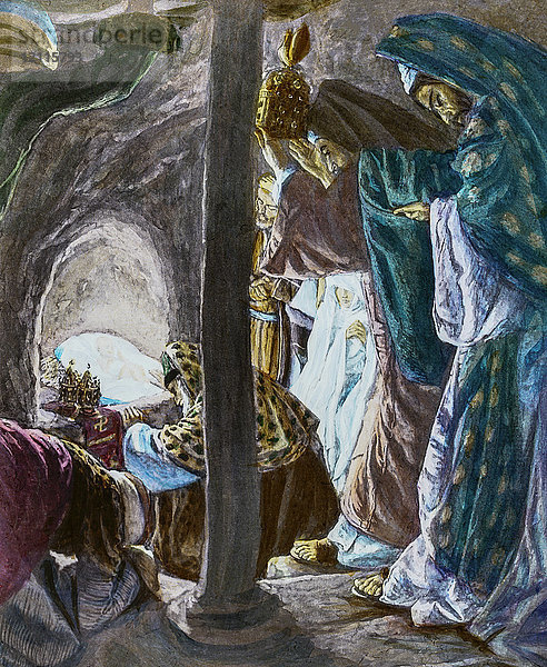 Ein handkoloriertes Diapositiv mit Laterna Magica um 1900  Epiphanie  drei Könige  weise Männer besuchen Jesus