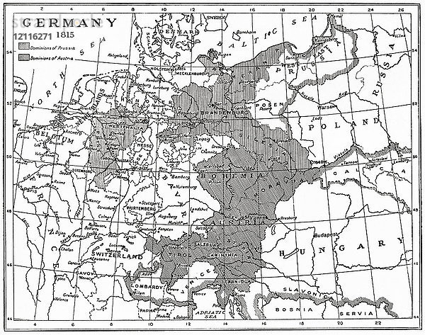 Karte von Deutschland im Jahr 1815 nach dem Wiener Kongress. Aus Hutchinson's History of the Nations  veröffentlicht 1915.