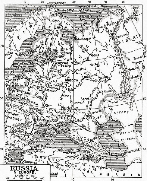 Karte von Russland im Jahr 1915. Aus Hutchinson's History of the Nations  veröffentlicht 1915.