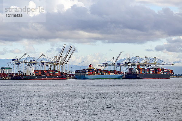 Containerschiffe im Dock des Delta-Hafens außerhalb von Vancouver; Vancouver  British Columbia  Kanada