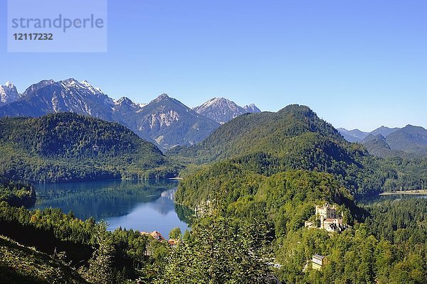 Schloss Hohenschwangau mit Alpsee und Tannheimer Bergen  Blick vom Aussichtspunkt Jugend  Schwangau  Königswinkel  Ostallgäu  Allgäu  Schwaben  Bayern  Deutschland  Europa