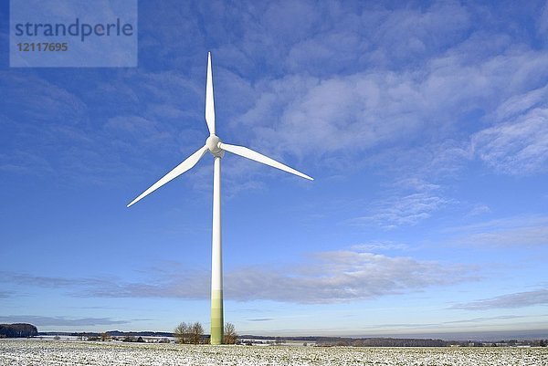 Windkraftanlage bei bewölktem Himmel  Winter  Nordrhein-Westfalen  Deutschland  Europa