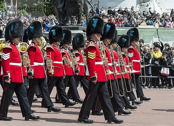 Blaskapelle  Wächter der königlichen Garde mit Bärenfellmütze  Wachablösung  Traditionelle Wachablösung  Buckingham Palace  London  England  Großbritannien