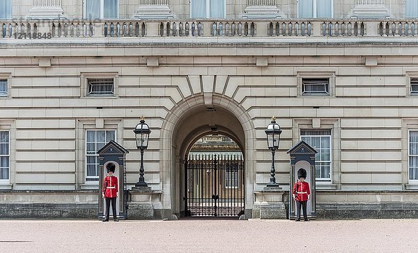 Gardisten der Königlichen Garde mit Bärenfellmütze  Buckingham Palace  London  England  Großbritannien