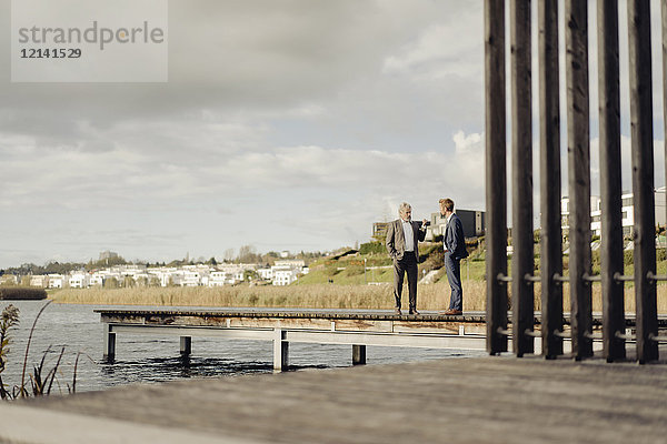 Zwei Geschäftsleute  die auf einem Steg am See stehen und reden.