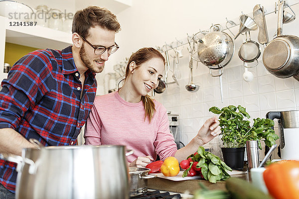 Fröhliches junges Paar beim gemeinsamen Kochen in der Küche