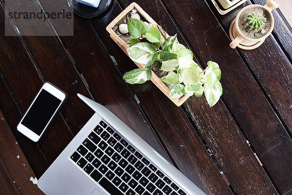 Overhead-Ansicht von Handy und Laptop auf Holztisch mit Pflanzen