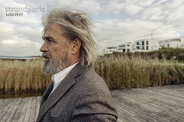 Porträt eines ernsthaften älteren Mannes am Seeufer