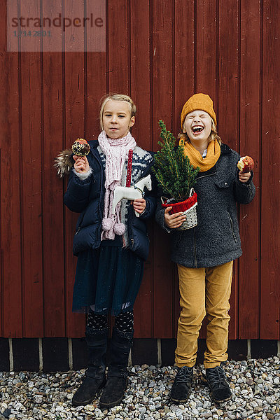 Mädchen und lachender Junge vor einer Holzwand mit Spielzeugpferd und schokoladengetauchtem Apfel