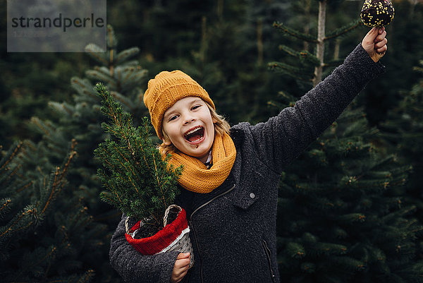 Fröhlicher Junge bereitet sich auf Weihnachten vor  hält Topfbaum  isst Schokolade getauchten Apfel