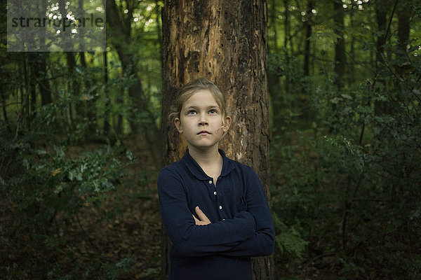 Porträt eines selbstbewussten Mädchens am Baumstamm im Wald