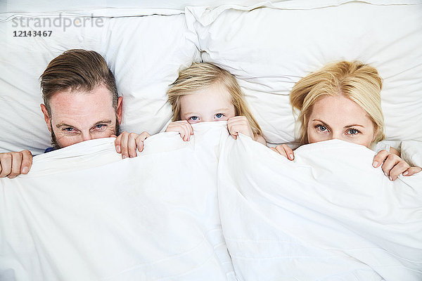Porträt einer im Bett liegenden Familie  die sich unter der Decke versteckt.