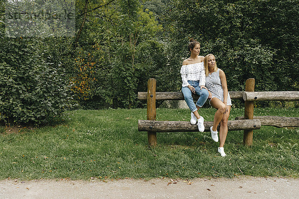 Zwei junge Frauen sitzen auf einem Zaun in einem Park.