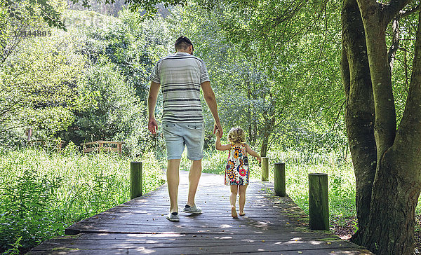 Vater geht mit seiner kleinen Tochter auf einem Holzsteg auf dem Land spazieren.