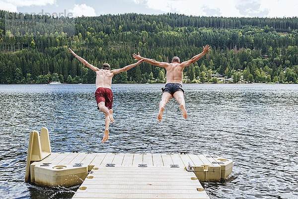 Deutschland  Titisee  zwei Männer  die von einem Steg in den See springen