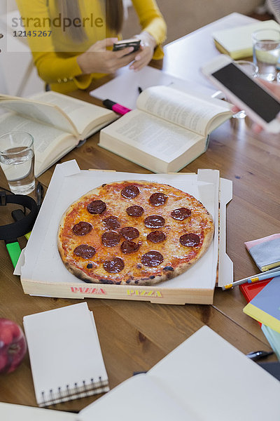 Junge Frau zu Hause studieren und Pizza essen