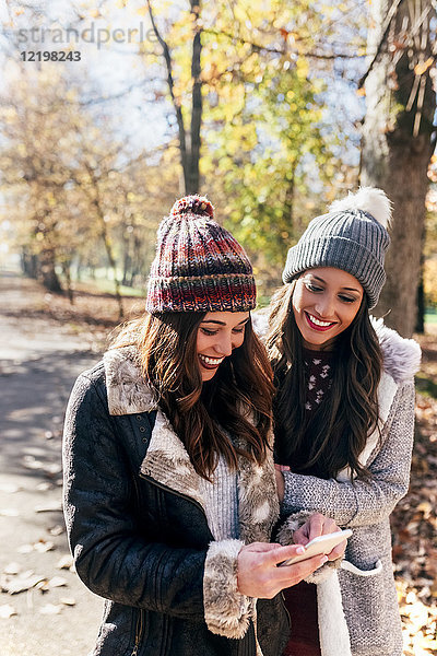 Zwei glückliche Frauen mit Handy im Herbstwald