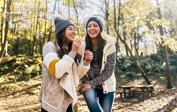 Zwei schöne Frauen haben Spaß mit Seifenblasen in einem herbstlichen Wald.