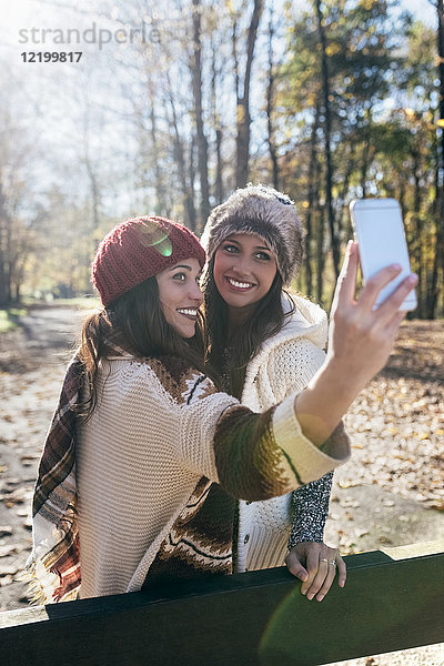 Zwei hübsche Frauen  die einen Selfie in einem herbstlichen Wald nehmen.