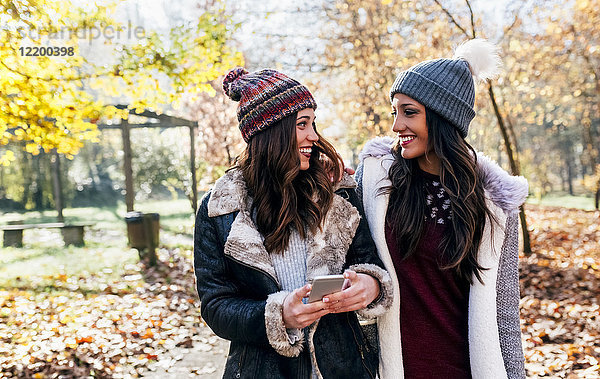 Zwei hübsche Frauen mit Handy lächeln sich im Herbstwald an.