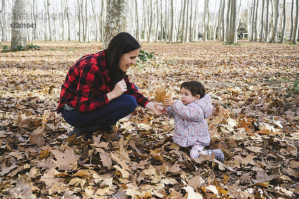 Mutter und Baby spielen mit Herbstblättern im Park