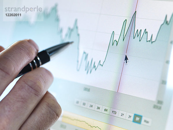 Hand eines Börsenmaklers bei der Analyse des Liniendiagramms auf dem Bildschirm