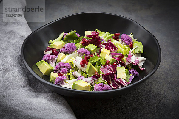 Gemischter Salat  lila Blumenkohl  Avocado und Granatapfelsamen
