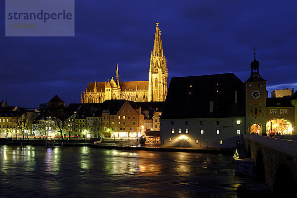 Deutschland  Bayern  Regensburg  Altstadt  Regensburger Dom und Donau bei Nacht