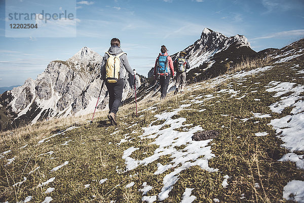 Österreich  Tirol  drei Wanderer beim Bergwandern