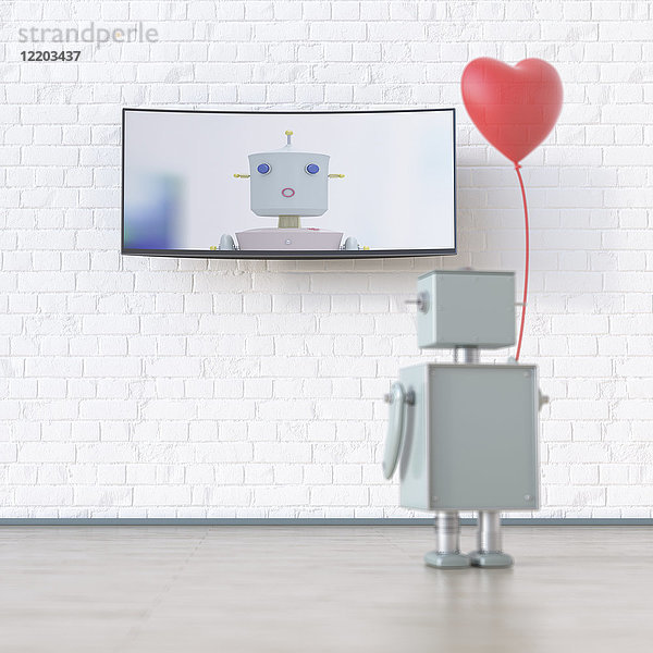Roboter mit herzförmigem Ballon auf dem Bildschirm mit Roboter  3D-Rendering
