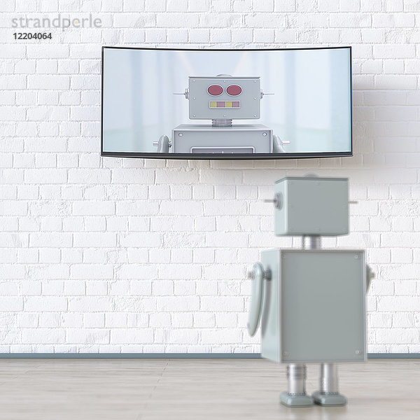 Roboter betrachtet Bildschirm mit Roboter  3D-Rendering